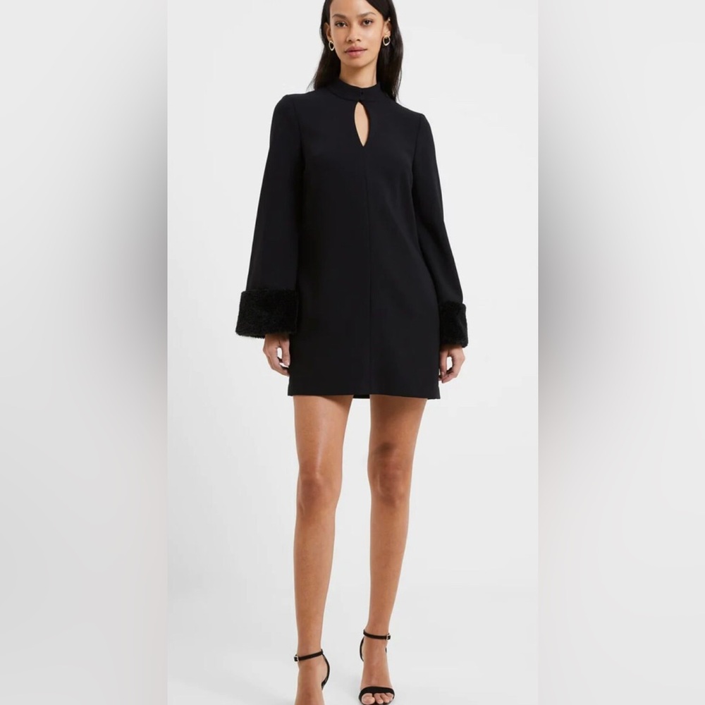 French Connection NWT $138 Whisper Ruth Faux Fur Cuff Mini Dress M Blackout